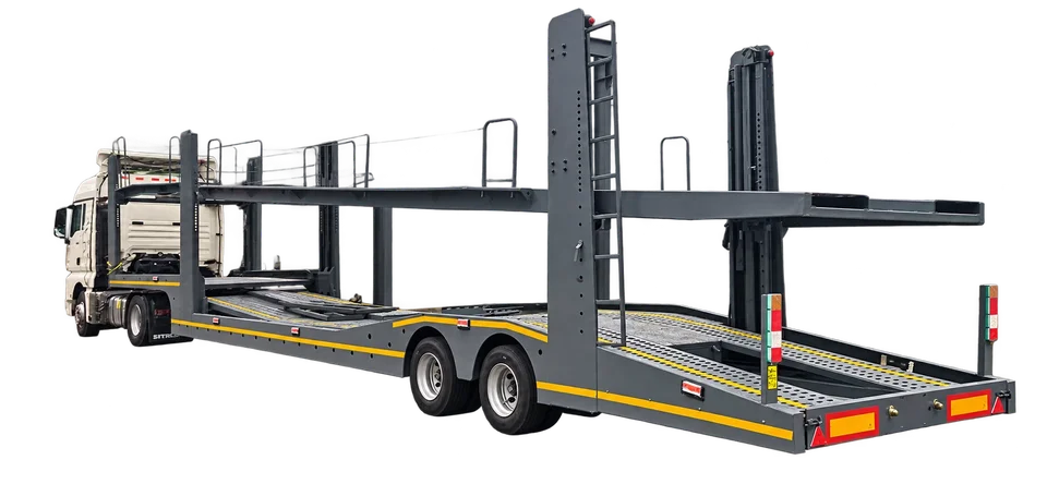 Double-deck car-carrier semi-trailer — factory yard